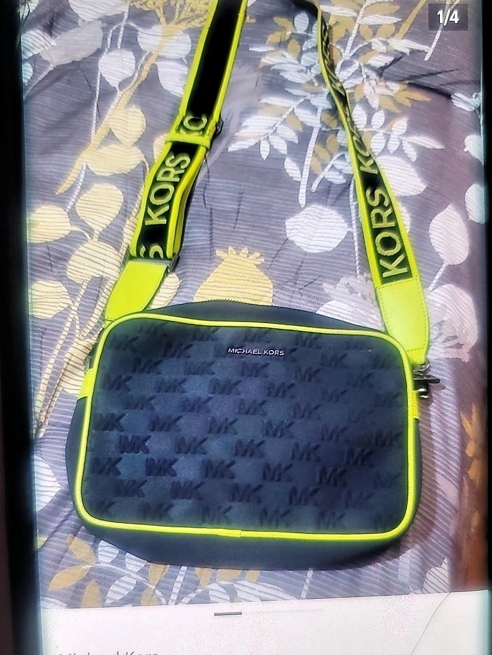 Michael Kors Medium Leather Neon Logo Tape Crossbody Bag Black & Green